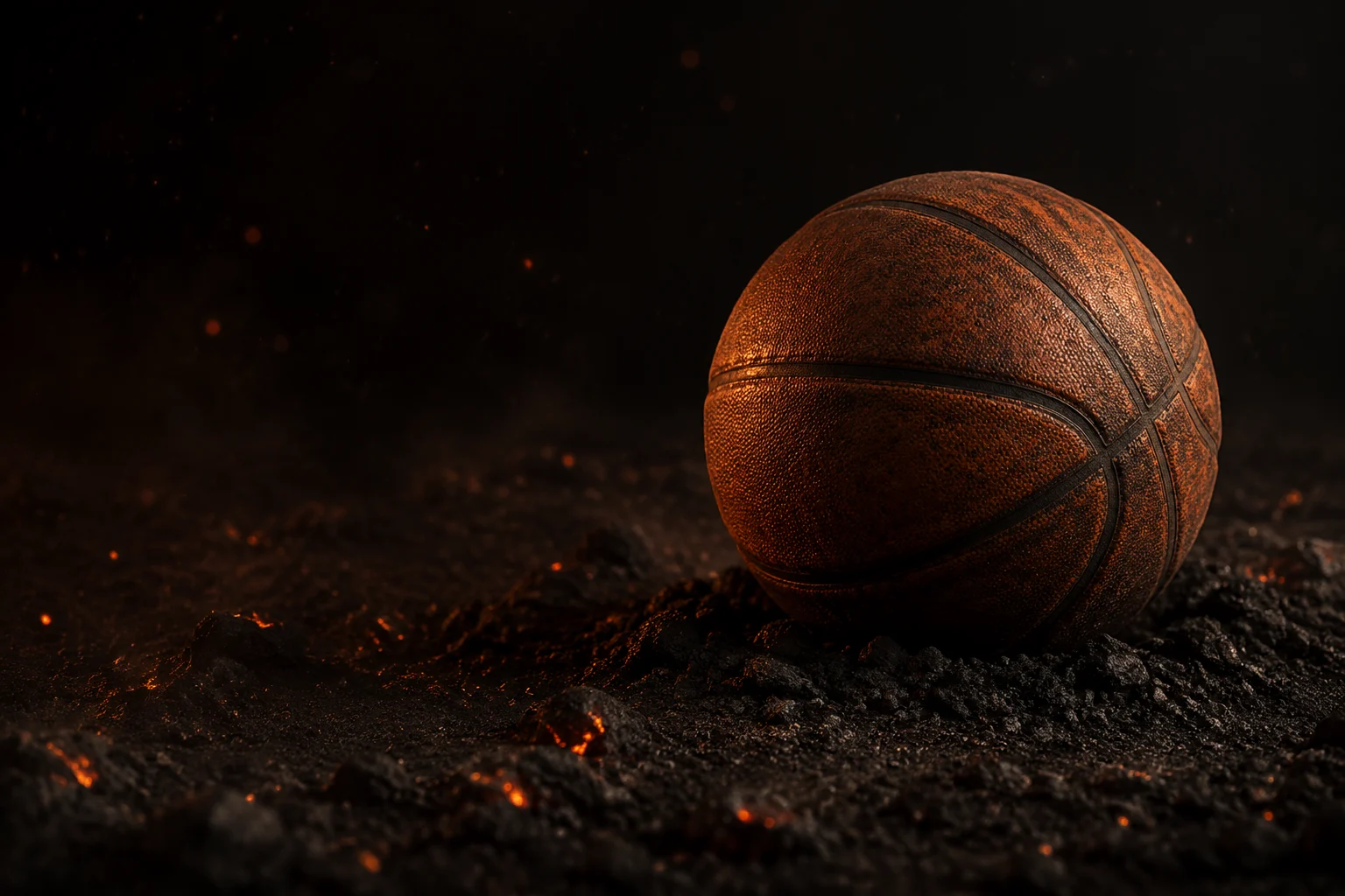A weathered basketball on dark volcanic earth, lit by a warm ember glow.
